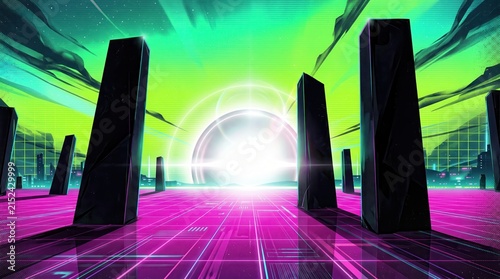 Monoliths stand on a glowing neon grid landscape under a vibrant green sky.