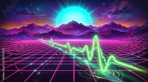 Neon grid landscape features a glowing green waveform beneath a bright celestial body.