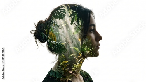 Woman profile incorporates a tropical rainforest filled with green foliage and sunlight.