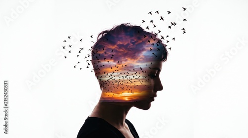 Female silhouette features a sunset sky double exposure with flying birds emerging from her head.