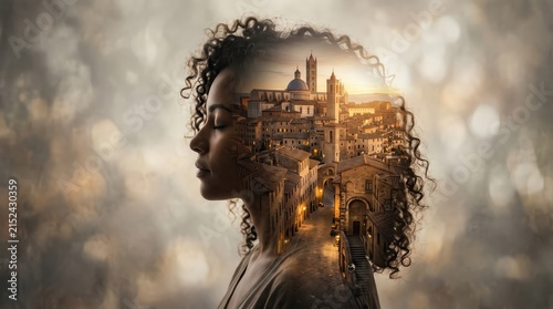 Woman silhouette profile displays double exposure overlay of an historic European town bathed in warm sunset light.