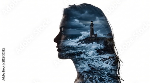 Woman profile double exposure combines with a stormy ocean, crashing waves, and a dark lighthouse.