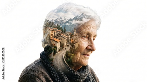 Woman profile silhouette incorporates a scenic mountain village inside her outline.
