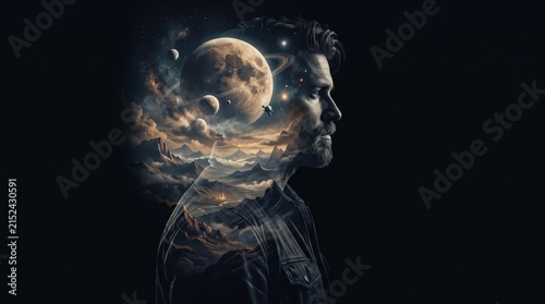 Man profile silhouette combined with outer space and planets in a double exposure design.