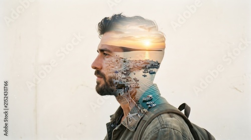 Man profile combined with a coastal sunset landscape double exposure.