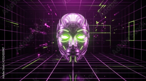 Mask made of metallic material floats inside a glowing purple grid room.