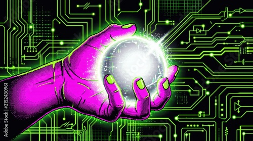 Hand holds a glowing sphere against a green circuit board background.