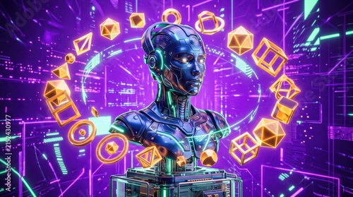 Robot bust stands surrounded by glowing geometric shapes in a digital neon background.