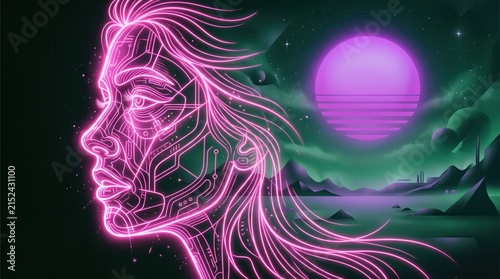 Woman profile in pink neon circuits appears against a retro synthwave landscape.