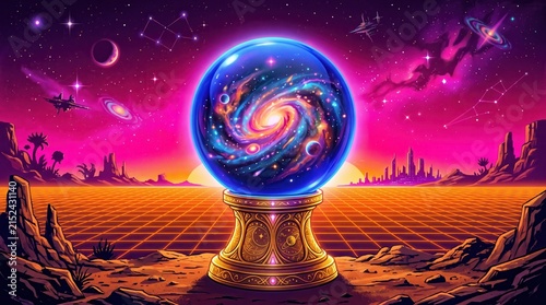 Crystal orb holding a galaxy rests on a pedestal in a retro synthwave landscape.
