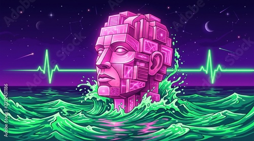 Robotic human head emerges from stylized green ocean waves under a starry night sky.