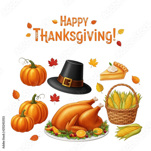 Happy thanksgiving celebration icons with turkey and pumpkin