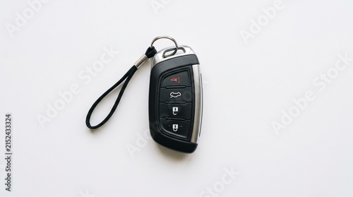 Car Key Fob: A modern car key fob with a lanyard rests on a neutral background, ready for ignition or remote access.