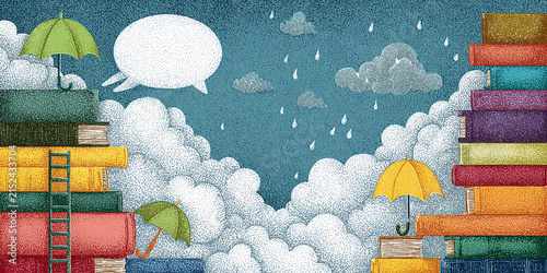 Whimsical scene with a stack of colorful books and umbrellas isolated on transparent background