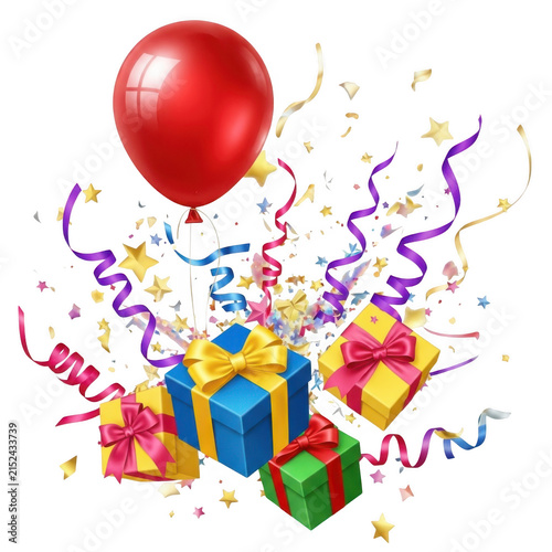 Colorful gift boxes with a red balloon and confetti