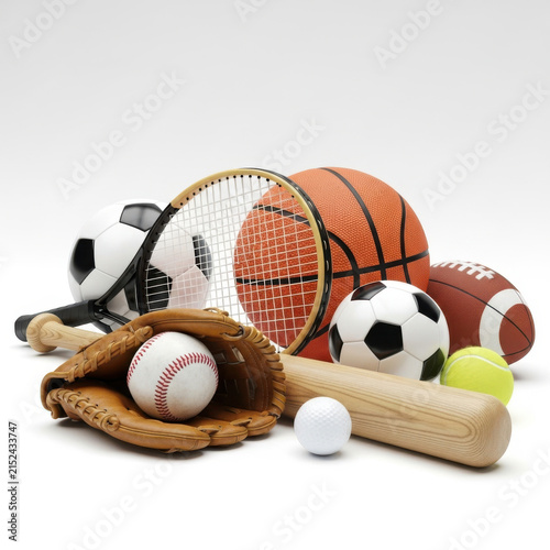 Collection of various sports balls and equipment