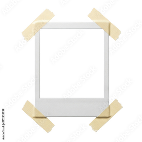 Blank instant photo frame held by adhesive tape strips