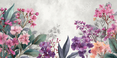 Beautiful cascading purple wisteria flowers hanging from a branch with green leaves on white background