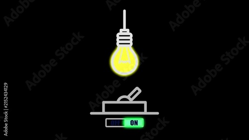Animated Light Bulb Turning ON and OFF with Power Switch Concept. hanging light bulb turning on via a lever power switch on a black background