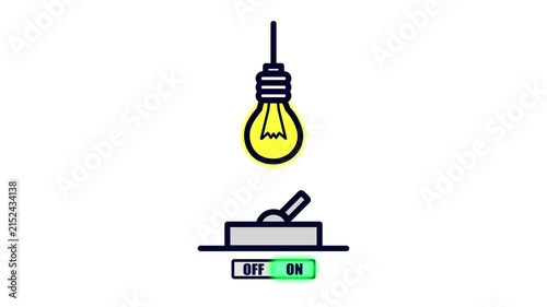 Animated Light Bulb Turning ON and OFF with Power Switch Concept. hanging light bulb turning on via a lever power switch on a white background