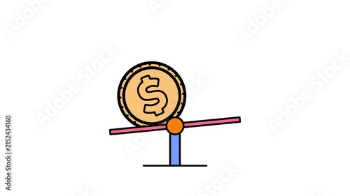 Dollar Coin on Seesaw for Financial Balance Concept animation. gold dollar coin balancing on a seesaw lever on a white background.
