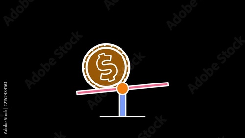 Dollar Coin on Seesaw for Financial Balance Concept animation. gold dollar coin balancing on a seesaw lever on a black background.