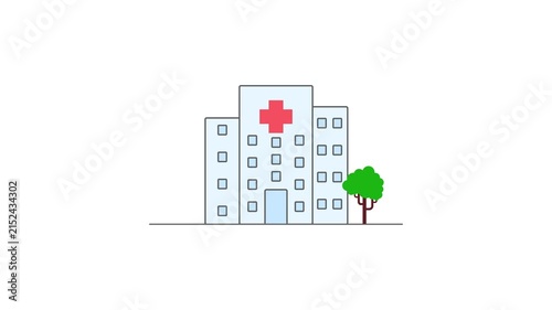 Animated Modern Hospital Building Icon with Tree. hospital building with a red cross symbol and a green tree isolated on a white background.