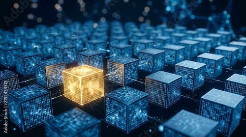 Blockchain Technology Concept with Glowing Gold Cube Among Blue Digital Data Blocks