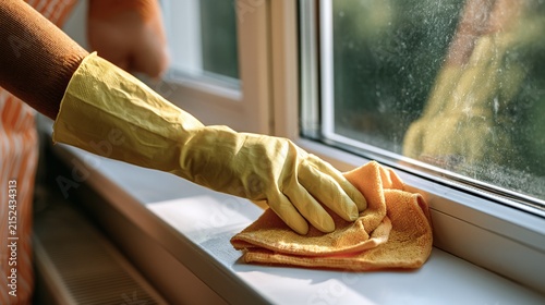 Close-up of a person's gloved hand meticulously clean a white window sill with a soft orange cloth, highlighting domestic care and hygiene with natural light