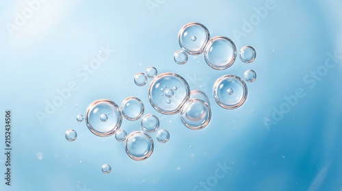 Oxygen Bubbles Floating in Blue Liquid Background for Skincare and Cosmetic Science Concept