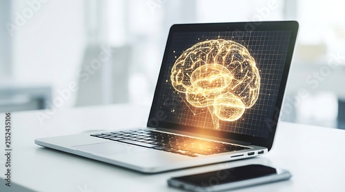 Artificial intelligence digital brain model displayed on laptop screen in modern office