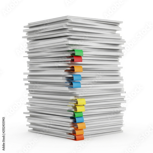 Large stack of paper documents with colorful index tabs