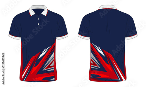 Sport Short Sleeve Polo Shirt Template Mockup Design with Abstract Red and Blue Geometric Sublimation Graphics for Soccer Football Badminton Esports Team Jersey