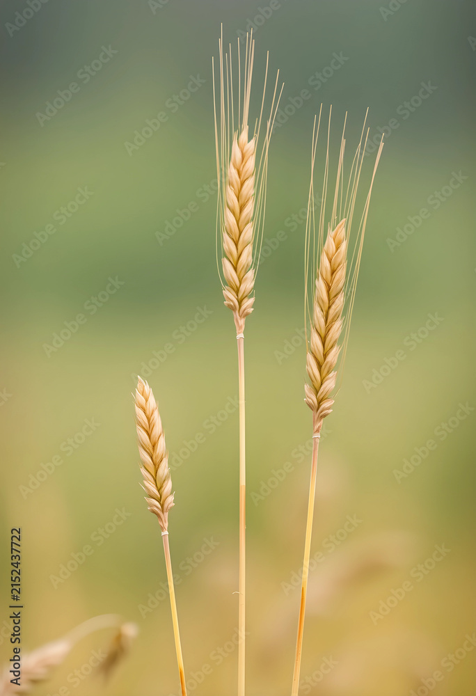 Obraz premium Golden wheat stalks with ripe grains in a field, agriculture and harvest season concept, food production and farming