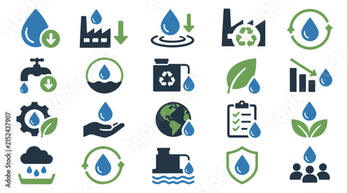 Water Conservation Icons Set Showing Sustainability and Resource Management Symbols