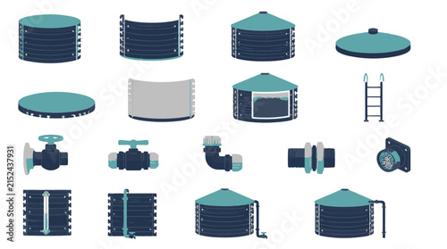 Water Storage Tank Modular Vector Icon Set for Industrial and Agricultural Liquid Systems