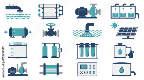 Water Treatment Icons Set Featuring Filtration Purification and Industrial Plant Systems