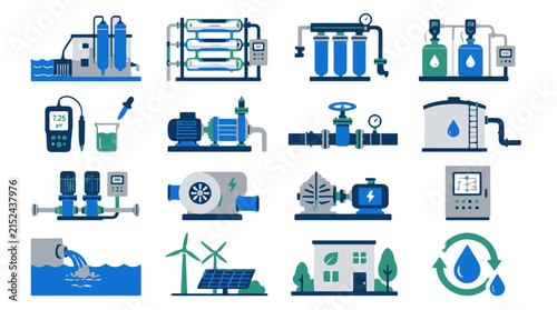 Water Treatment Icons Collection Flat Design Set for Infrastructure and Filtration Systems