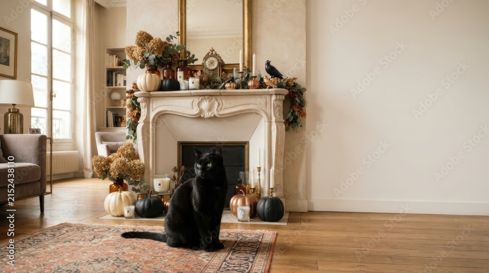 Obraz premium Black cat sits on an oriental rug in a living room decorated for autumn