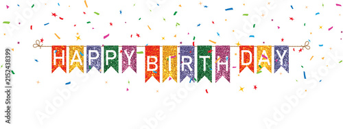 Happy Birthday decoration banner with festive party flags and confetti
