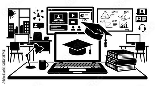 Graduation cap laptop and study materials in a black vector illustration