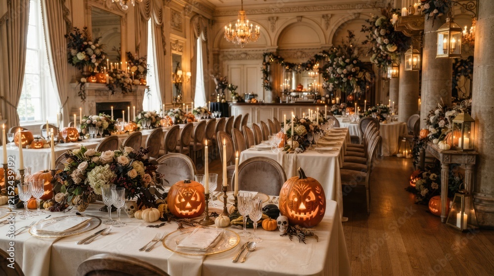 Fototapeta premium Elegant Halloween Dinner Party Set Up in a Grand Ballroom