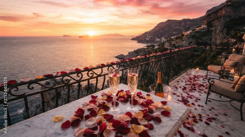 Fototapeta premium Romantic sunset balcony with champagne and rose petals overlooking the sea