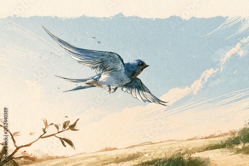 Elegant avian illustration: swallow in motion with flowing strokes and serene palette
