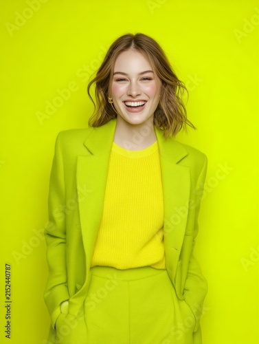 Cheerful young woman in vibrant yellow suit smiling against a bright colored background showcasing modern fashion trends and bold style choices for marketing. Generative AI
