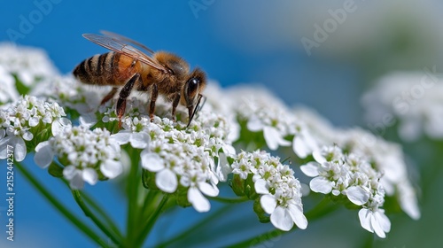 Buzzing bee collects nectar on delicate white flowers
