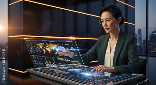 Businesswoman analyzing holographic data interface in office