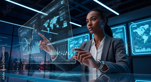 Businesswoman analyzing holographic data visualization