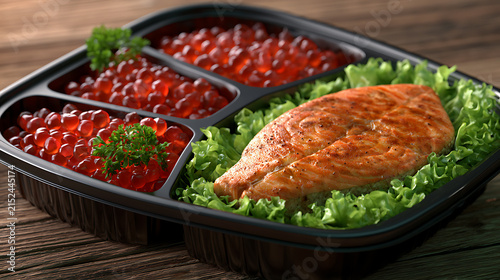 Compartmented tray holds grilled salmon red caviar and fresh parsley garnish