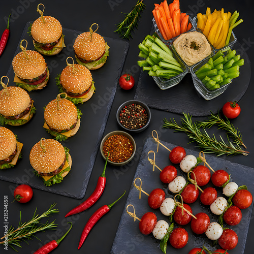 Party platter with mini burgers, fresh vegetable crudités, caprese skewers, and chili peppers ideal for catering or events.